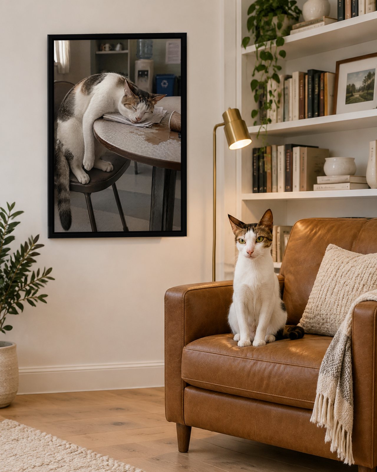 Long Day portrait on canvas in a black floating frame in a modern library corner, with the cat beside it