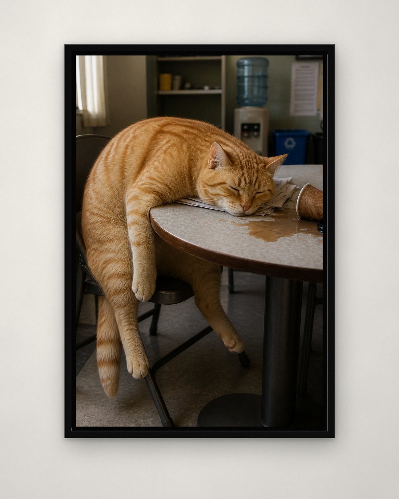 Long Day portrait on canvas in a black floating frame on a plain wall
