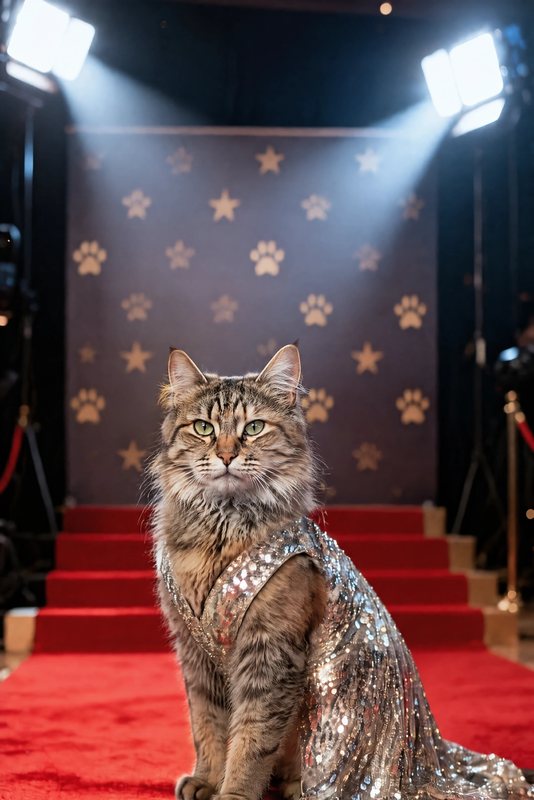 The Red Carpet look made with a long-haired tabby cat