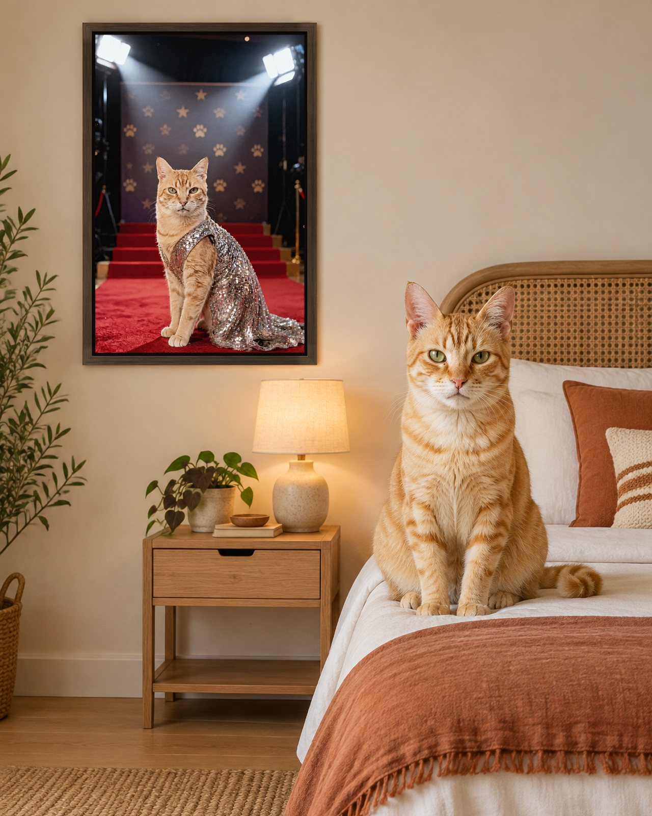 Red Carpet portrait on canvas in a brown floating frame in a cream bedroom with a rattan headboard, with the cat beside it
