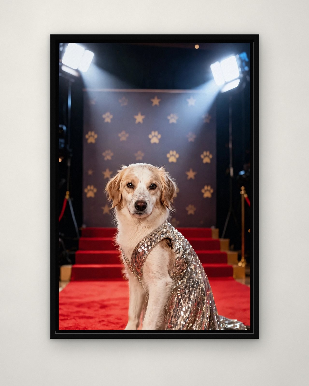 Red Carpet portrait on canvas in a black floating frame on a plain wall