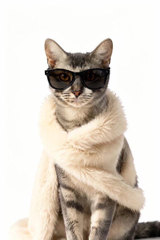 The Couture Shoot look made with a grey tabby cat
