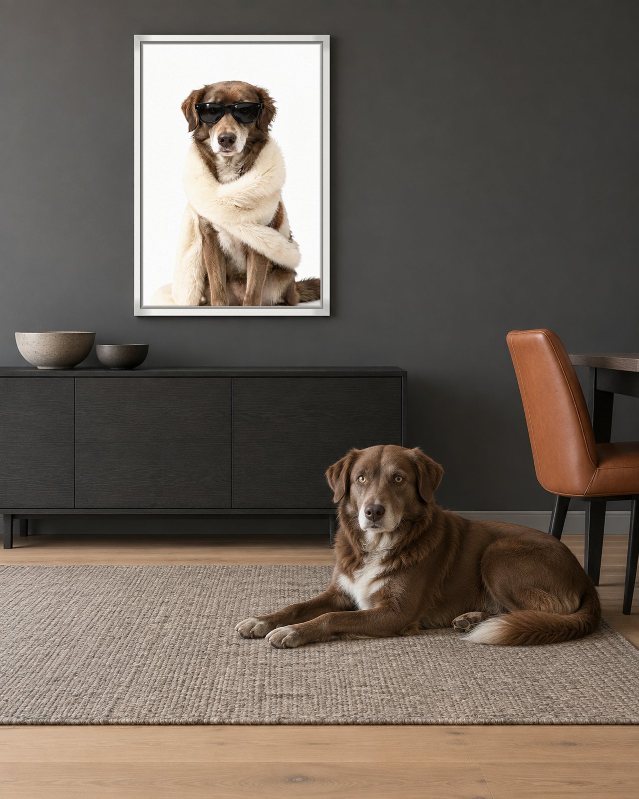 Couture Shoot portrait on canvas in a white floating frame in a graphite-grey dining room, with the dog beside it