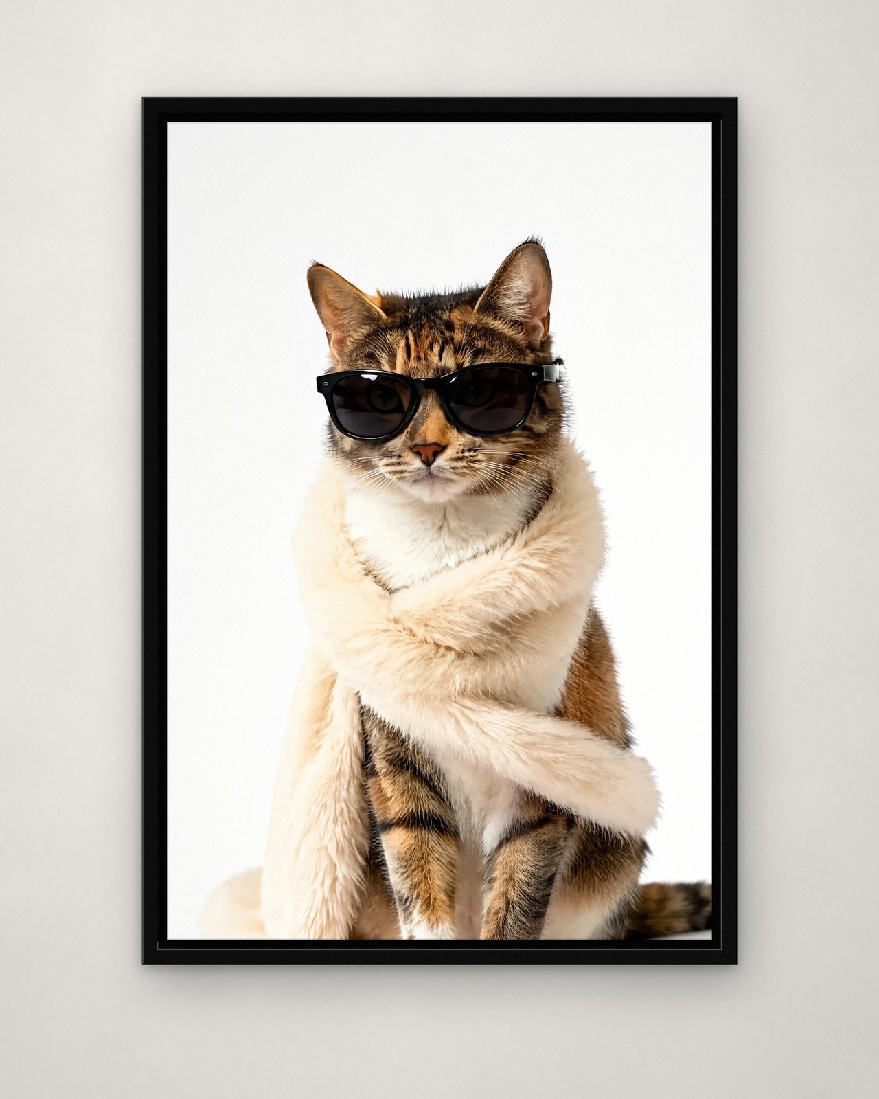 Couture Shoot portrait on canvas in a black floating frame on a plain wall