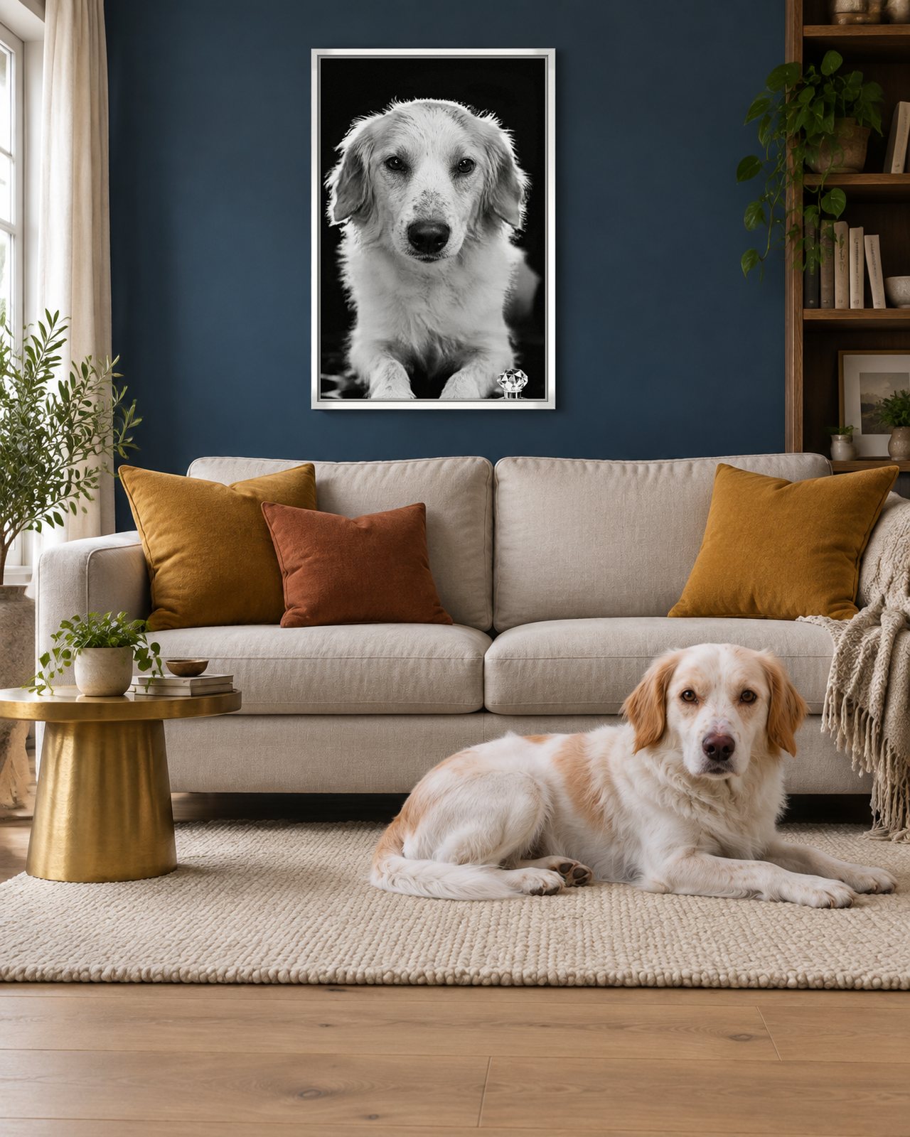 Perfume Campaign portrait on canvas in a white floating frame in a navy-blue living room, with the dog beside it