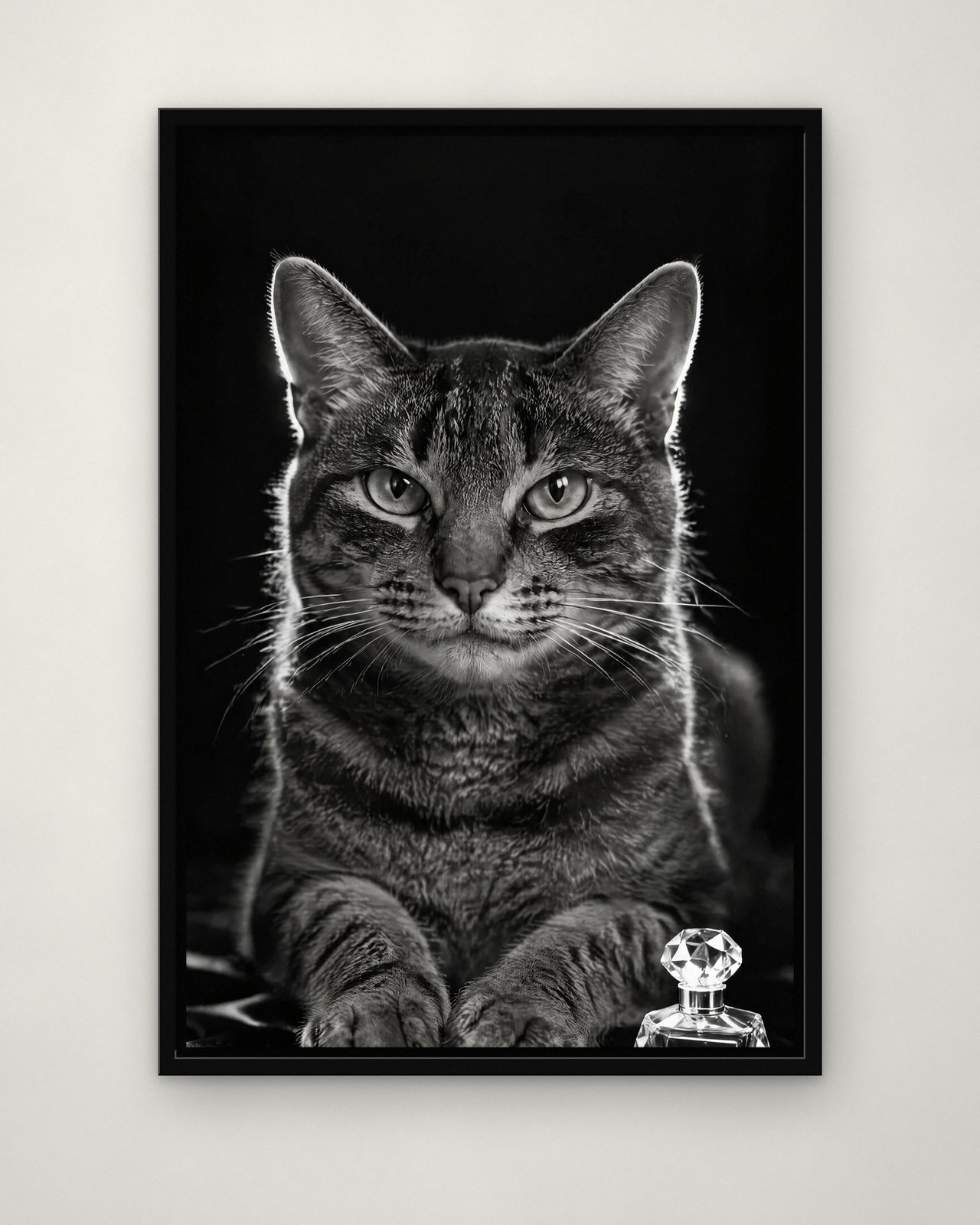 Perfume Campaign portrait on canvas in a black floating frame on a plain wall
