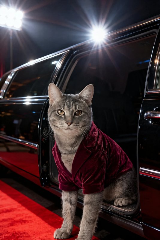The Paparazzi Exit look made with a grey tabby cat