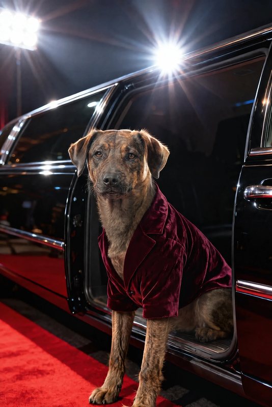 The Paparazzi Exit look made with a brindle mixed-breed dog