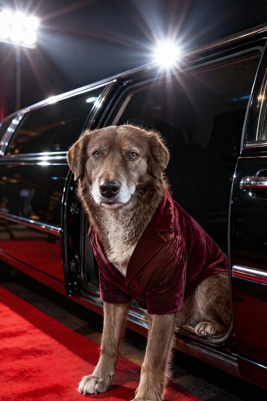 The Paparazzi Exit look made with a chocolate shepherd-collie mix