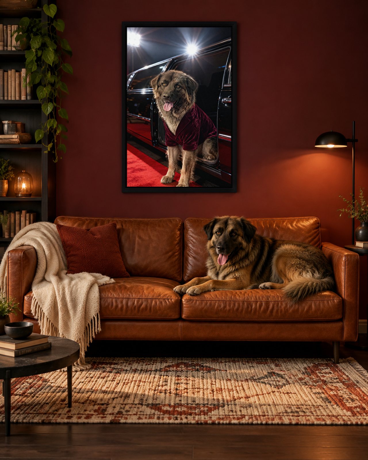 Paparazzi Exit portrait on canvas in a black floating frame in an oxblood reading room, with the dog beside it