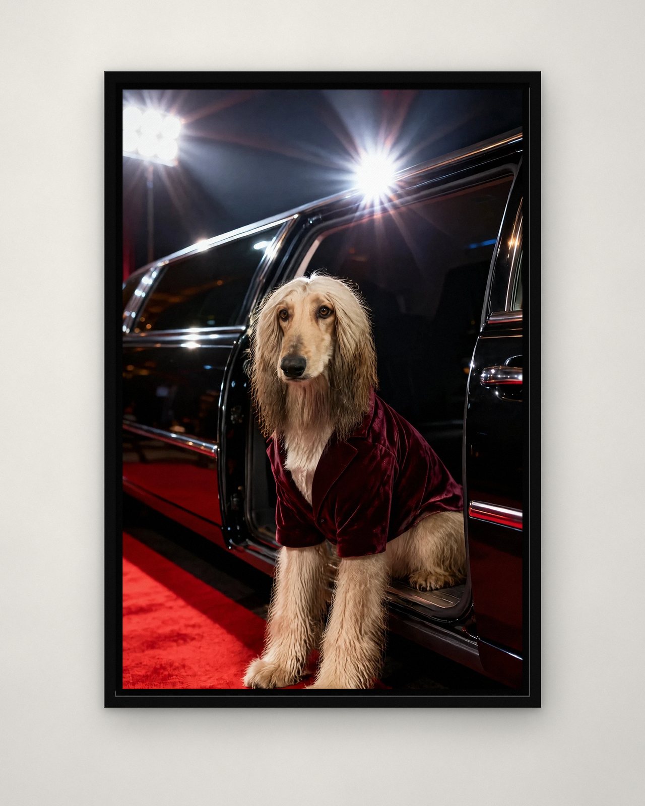 Paparazzi Exit portrait on canvas in a black floating frame on a plain wall