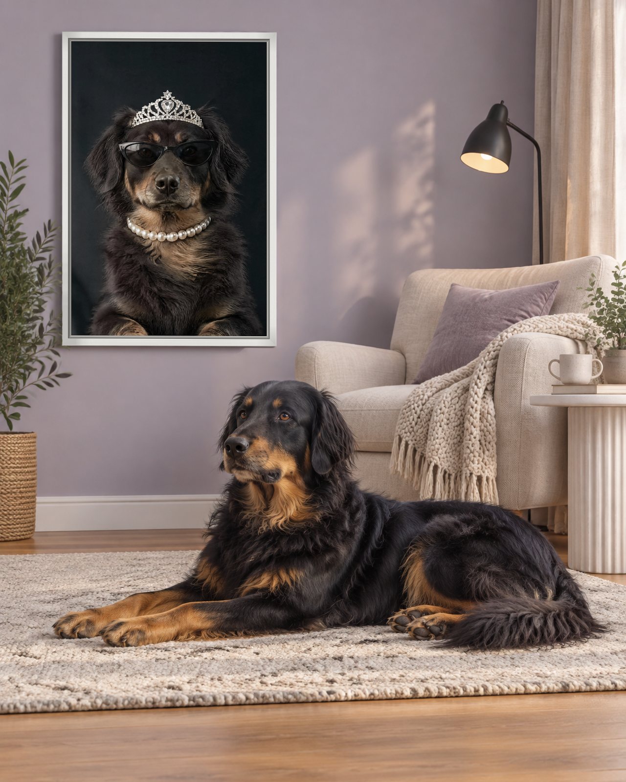 Diamonds & Shades portrait on canvas in a white floating frame in a lavender reading corner, with the dog beside it