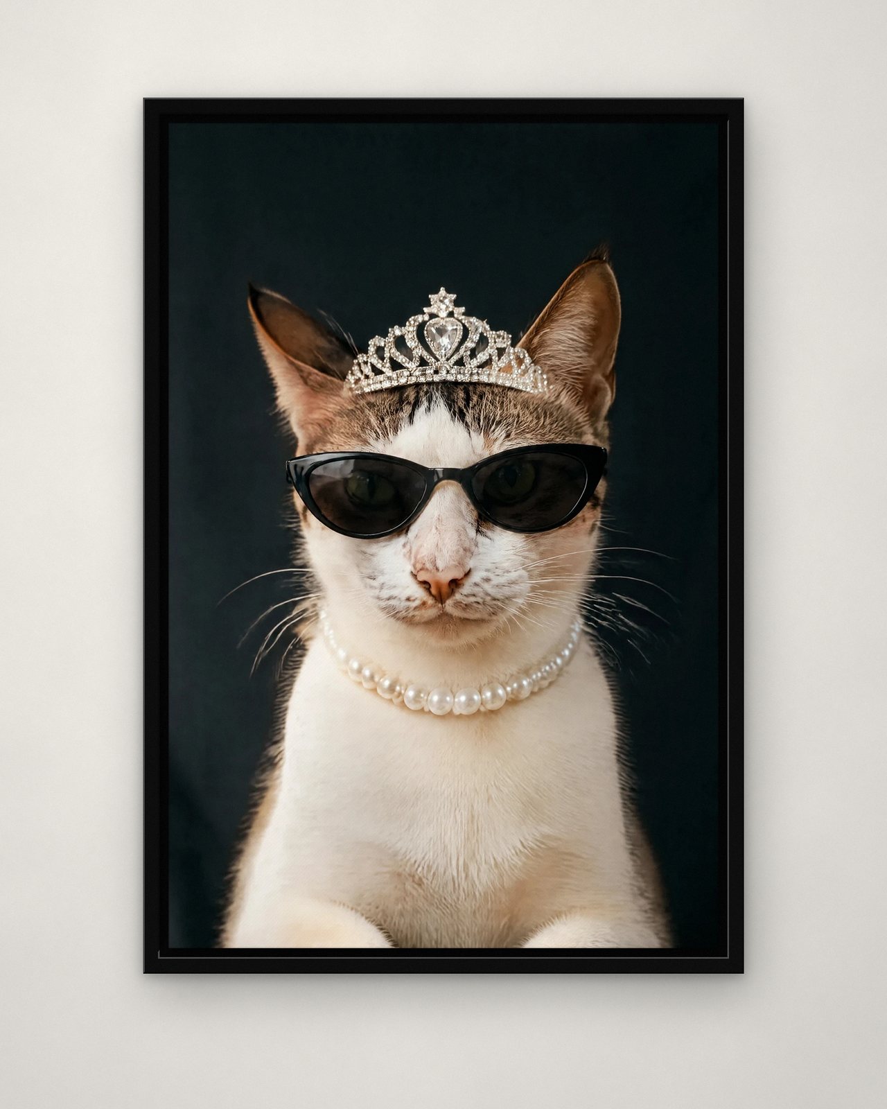 Diamonds & Shades portrait on canvas in a black floating frame on a plain wall