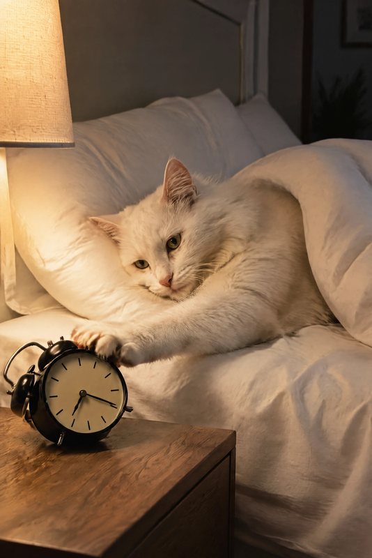 The Snooze Button look made with a fluffy white cat