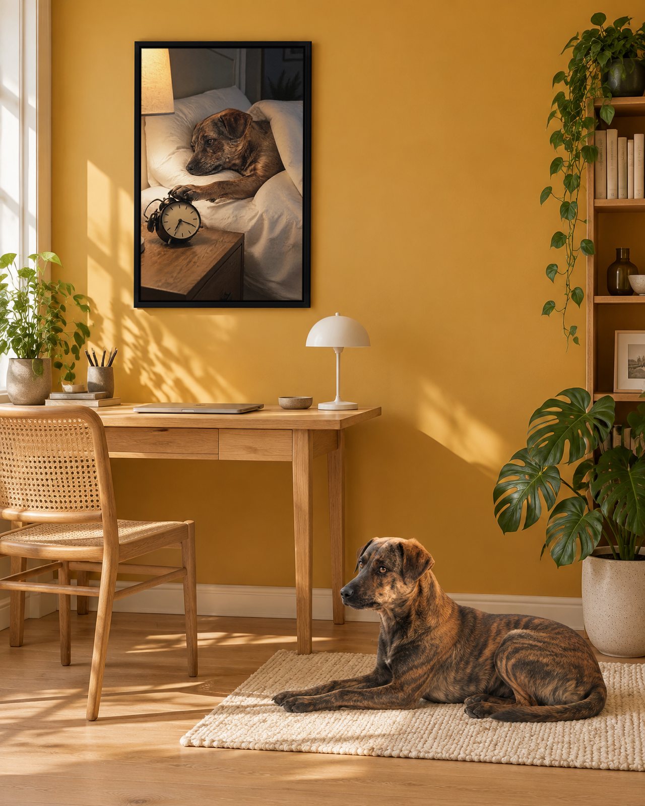 Snooze Button portrait on canvas in a black floating frame in an ochre home office, with the dog beside it