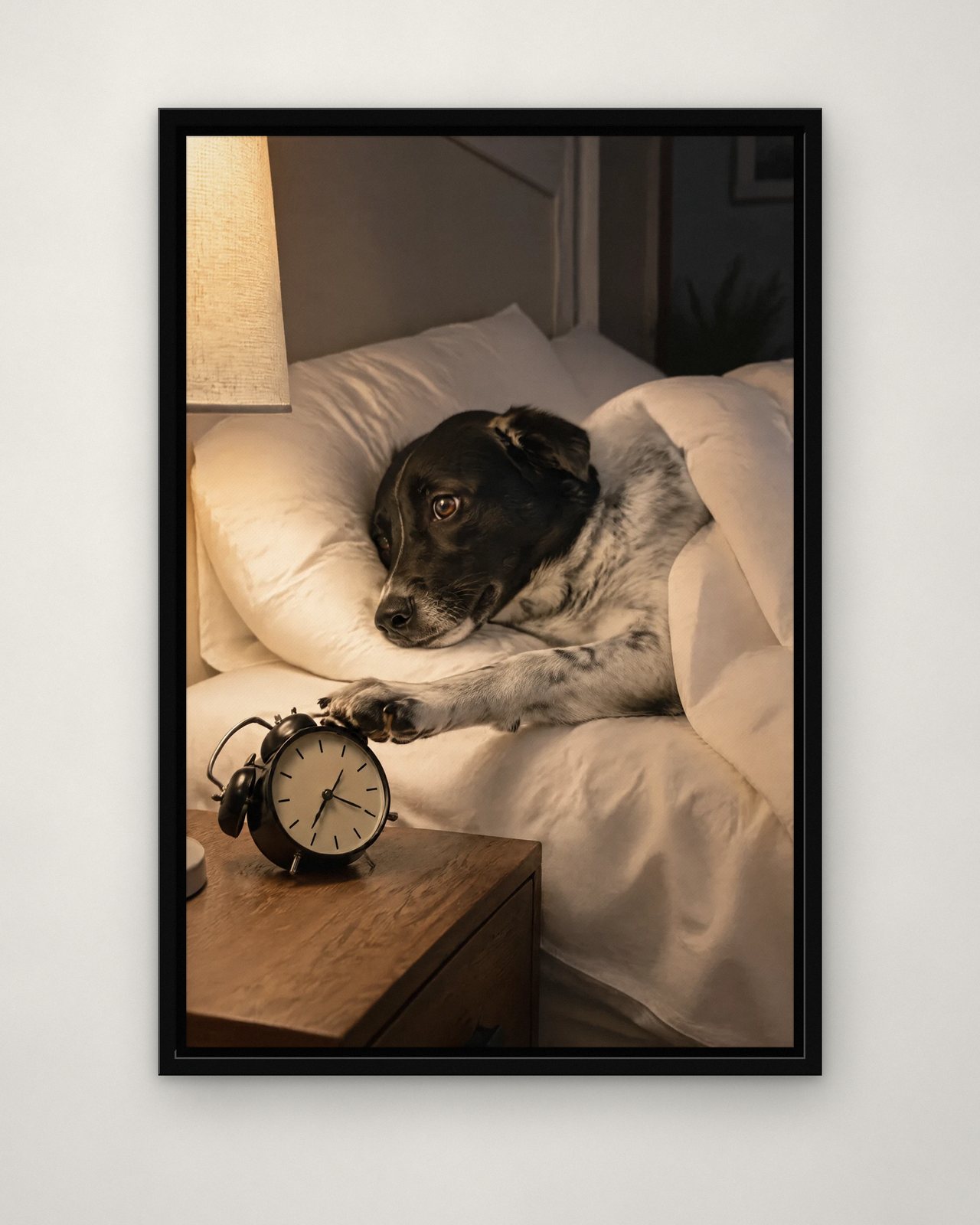 Snooze Button portrait on canvas in a black floating frame on a plain wall