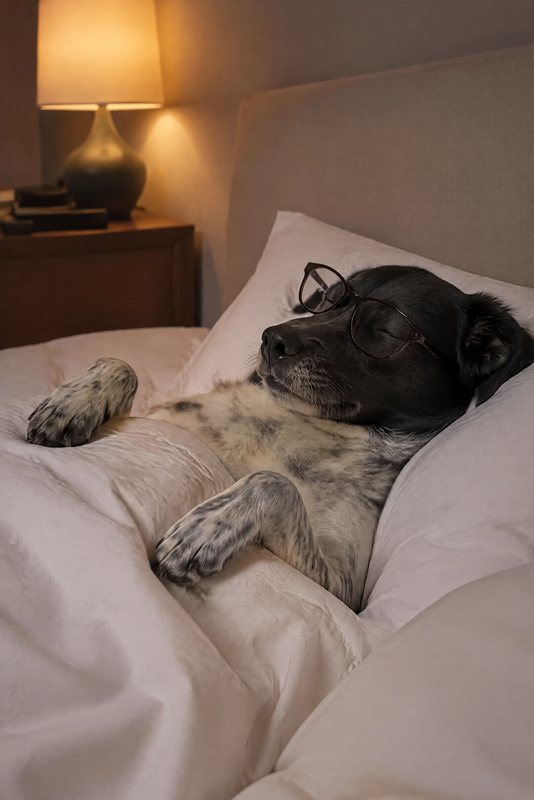 The Sleep Mask look made with a black-and-white speckled dog