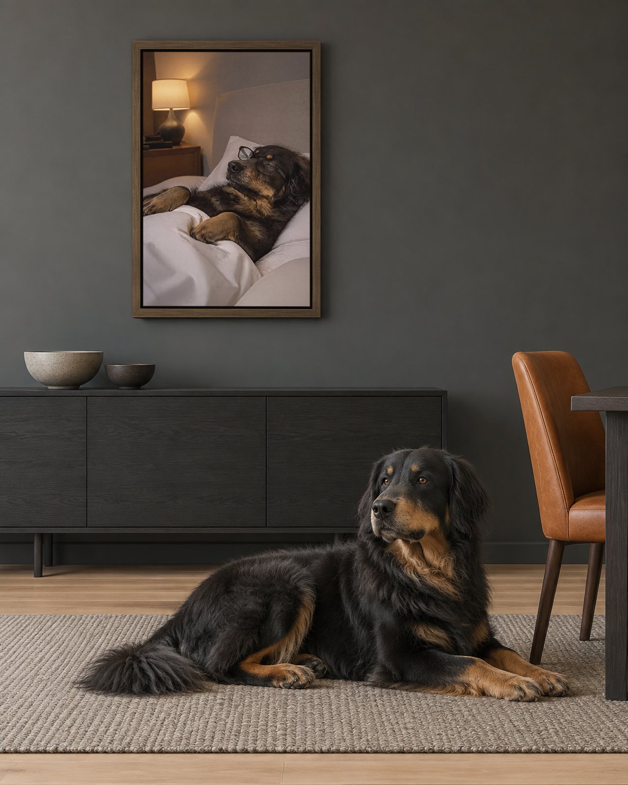 Sleep Mask portrait on canvas in a brown floating frame in a graphite-grey dining room, with the dog beside it