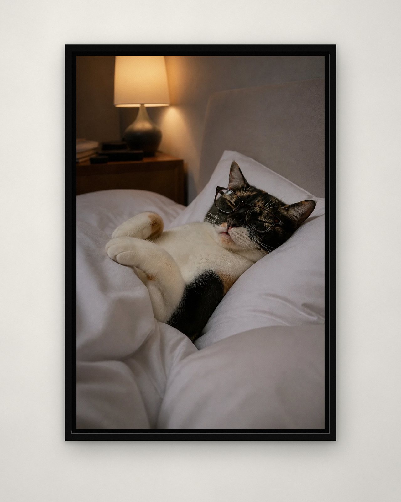 Sleep Mask portrait on canvas in a black floating frame on a plain wall
