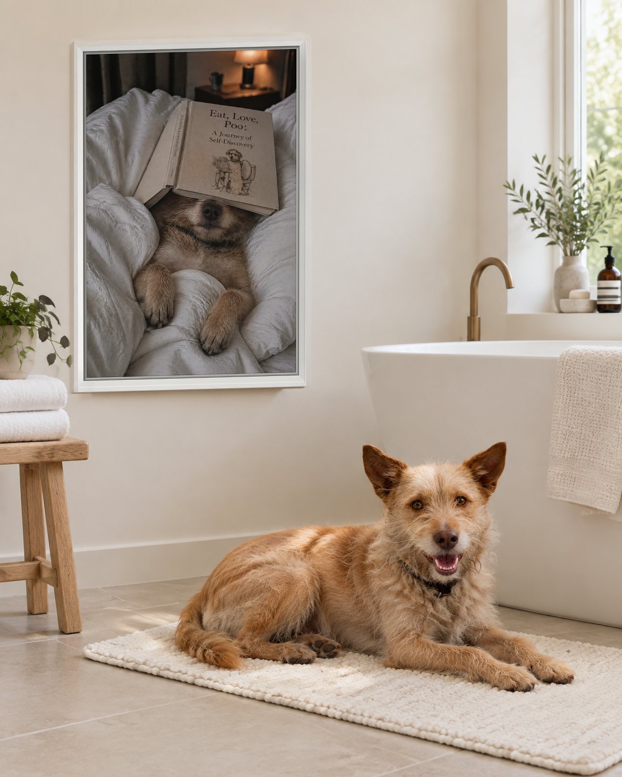 Bedtime Story portrait on canvas in a white floating frame in a bright bathroom with a freestanding tub, with the dog beside it