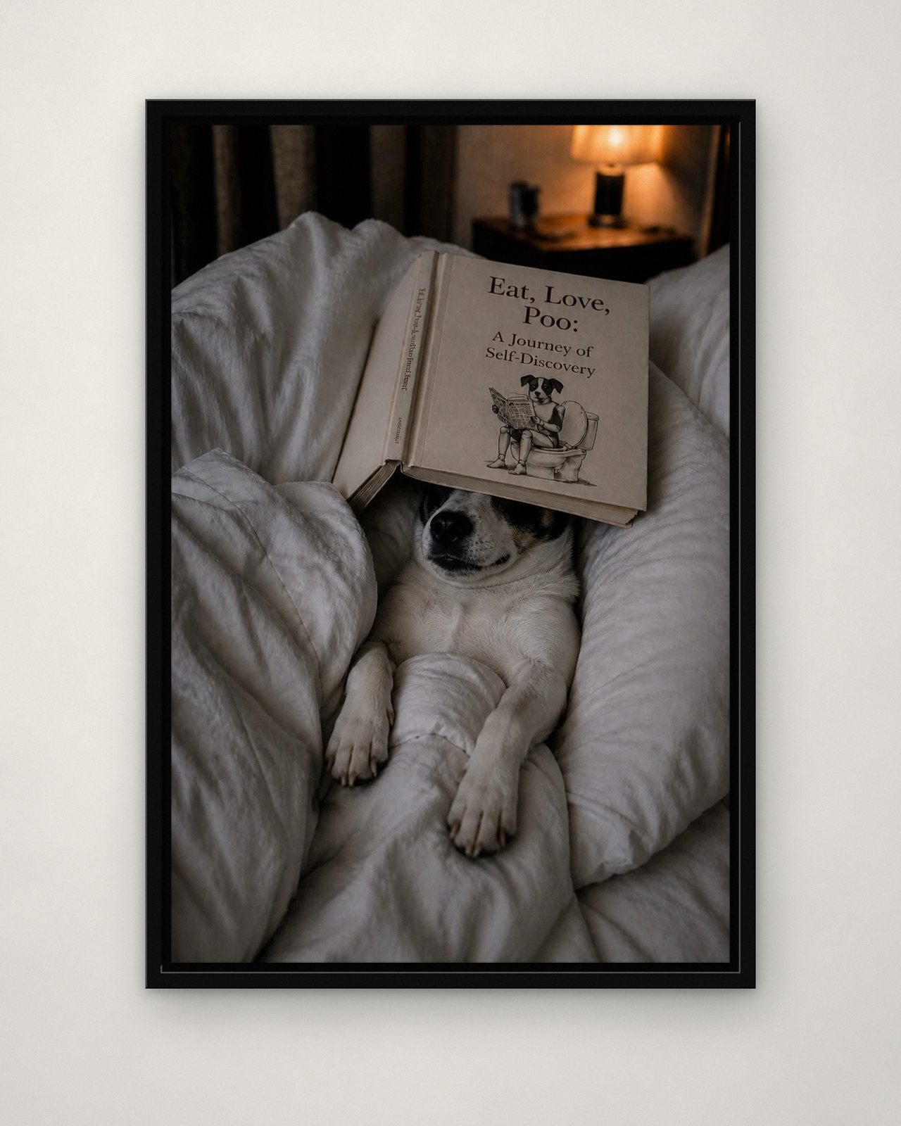 Bedtime Story portrait on canvas in a black floating frame on a plain wall