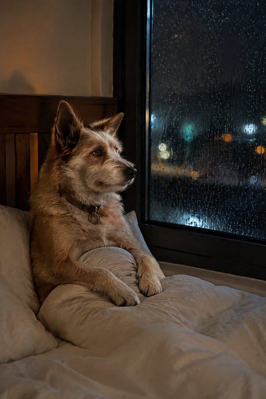 The Rainy Day look made with a scruffy ginger terrier