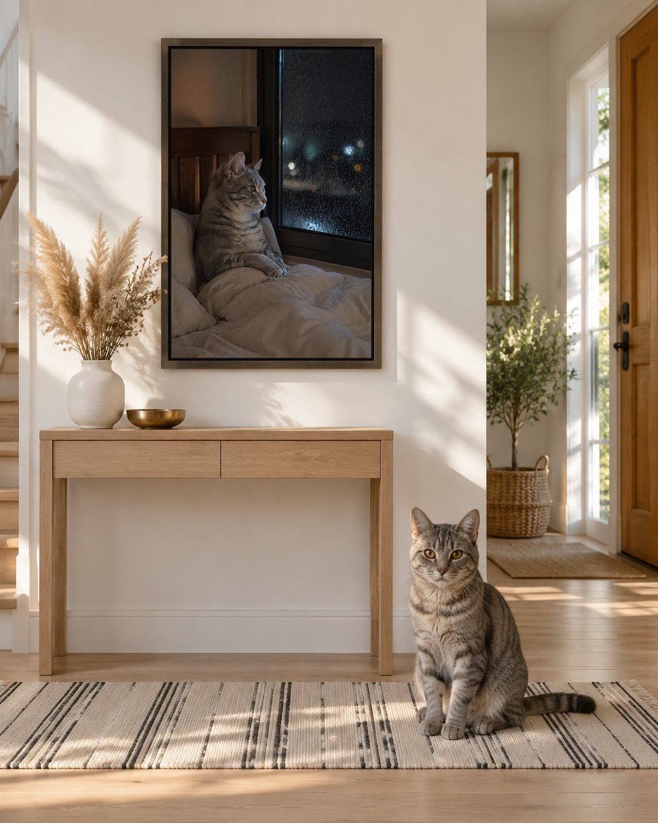Rainy Day portrait on canvas in a brown floating frame in a sunlit entrance hall, with the cat beside it