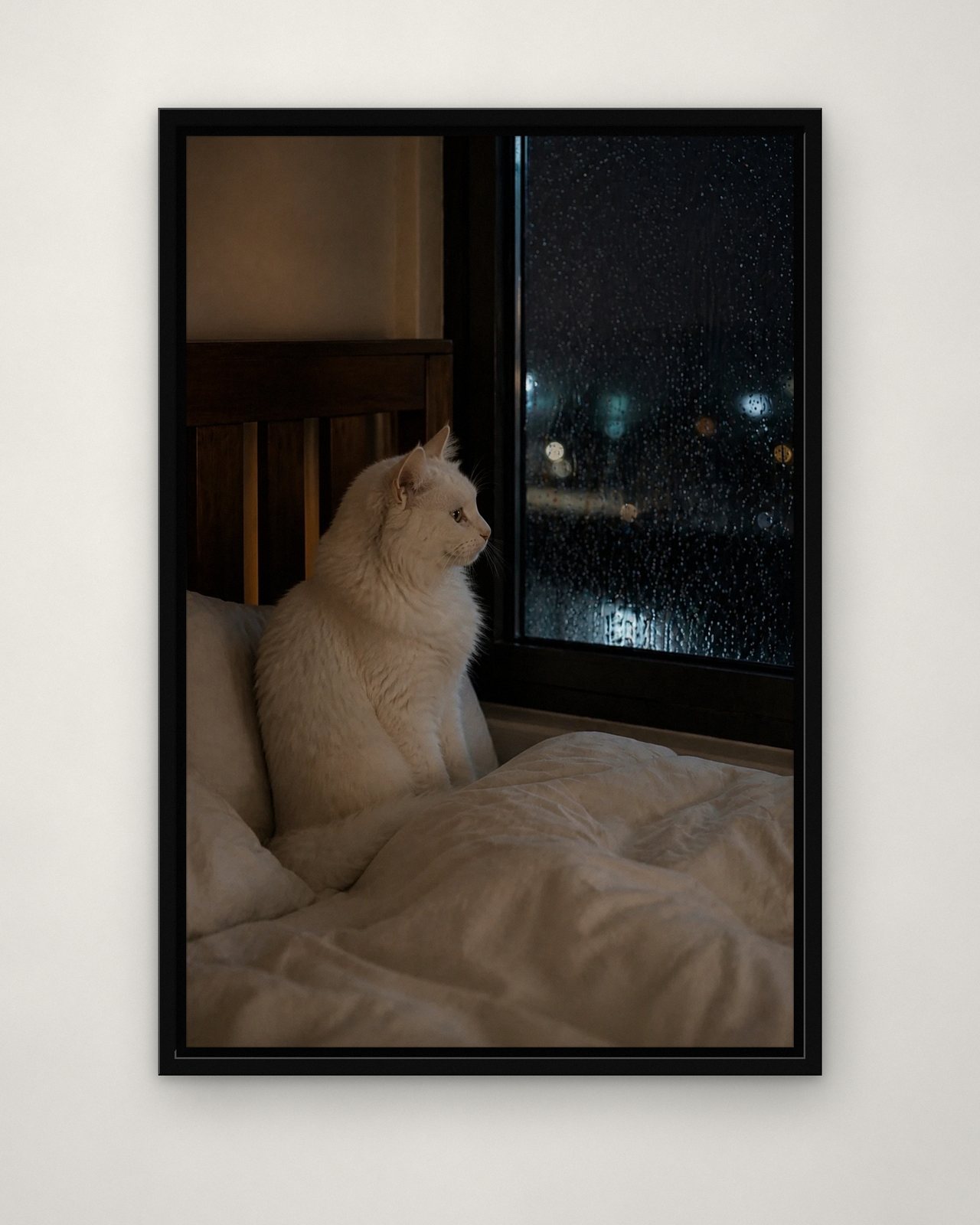 Rainy Day portrait on canvas in a black floating frame on a plain wall