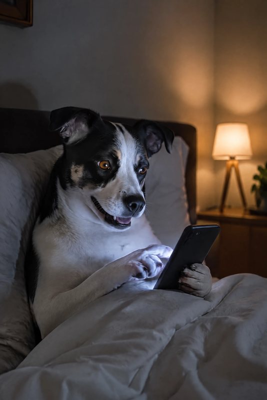 The Late-Night Scroll look made with a black-and-white dog