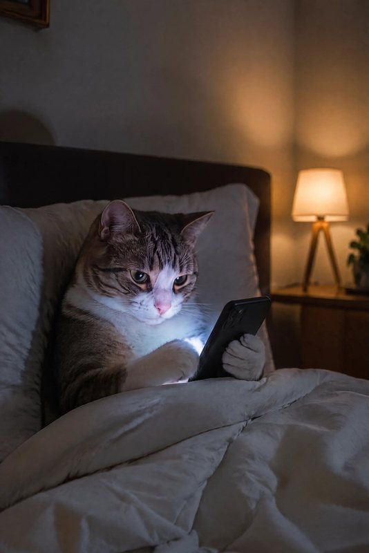 The Late-Night Scroll look made with a tabby-and-white cat
