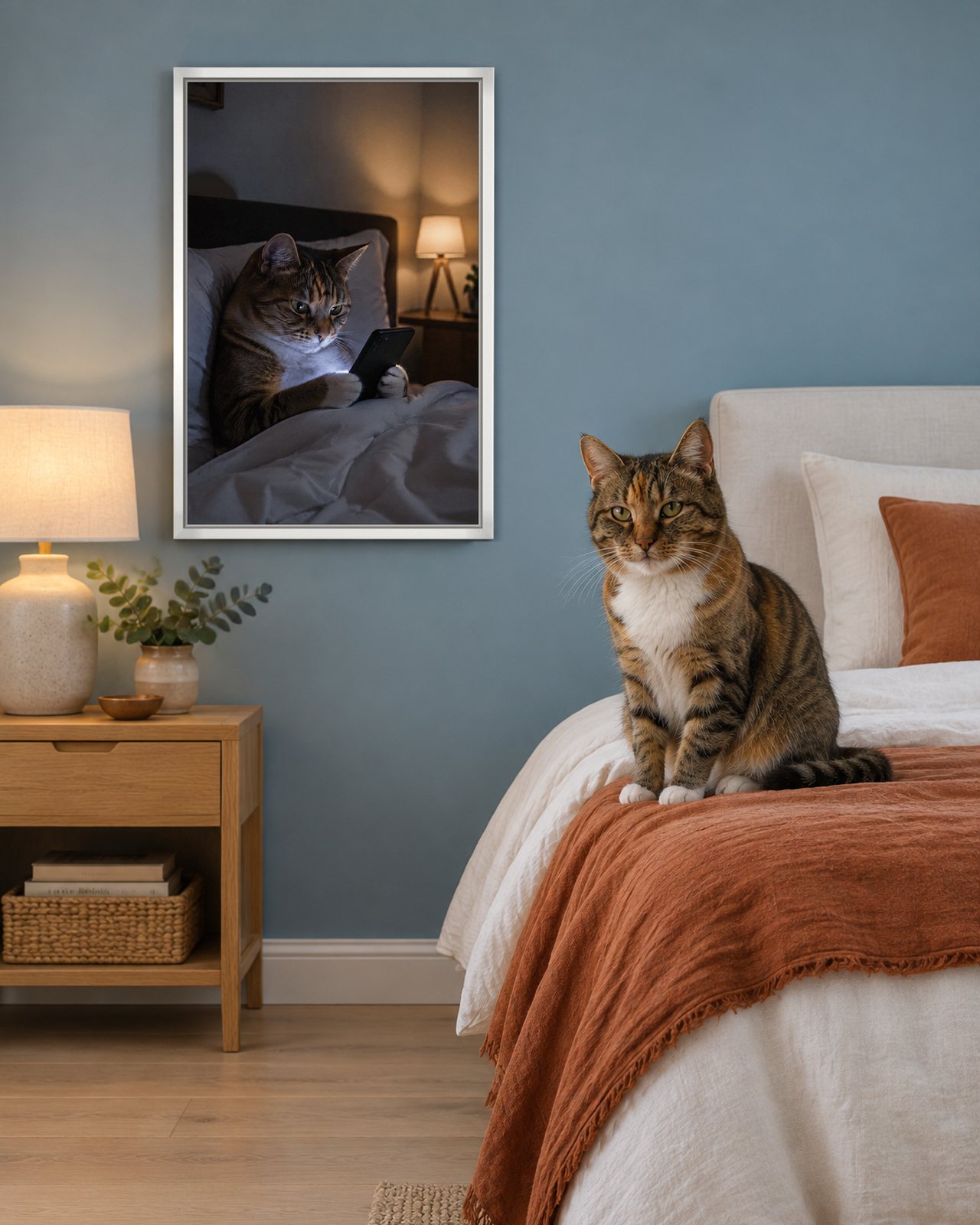 Late-Night Scroll portrait on canvas in a white floating frame in a dusty-blue bedroom, with the cat beside it