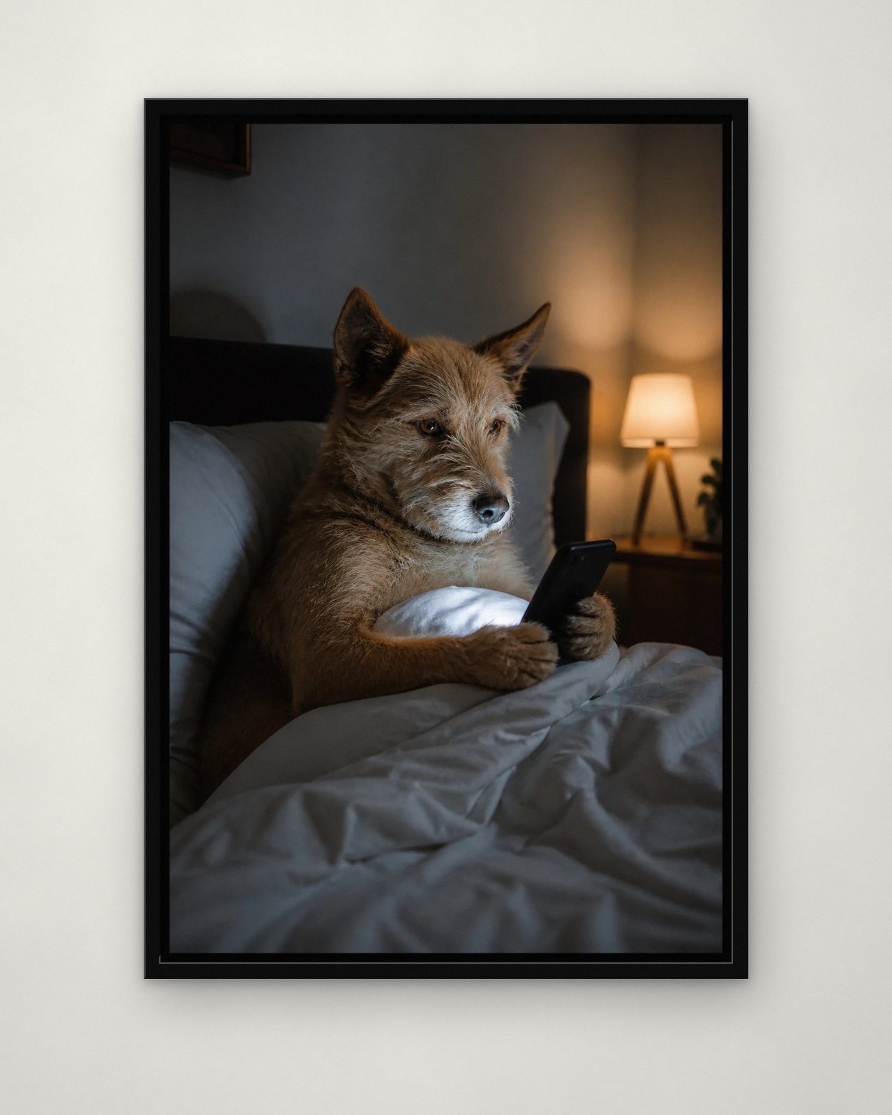 Late-Night Scroll portrait on canvas in a black floating frame on a plain wall