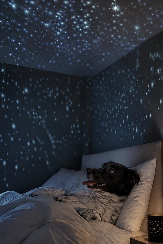 The Starry Night look made with a black-and-white speckled dog
