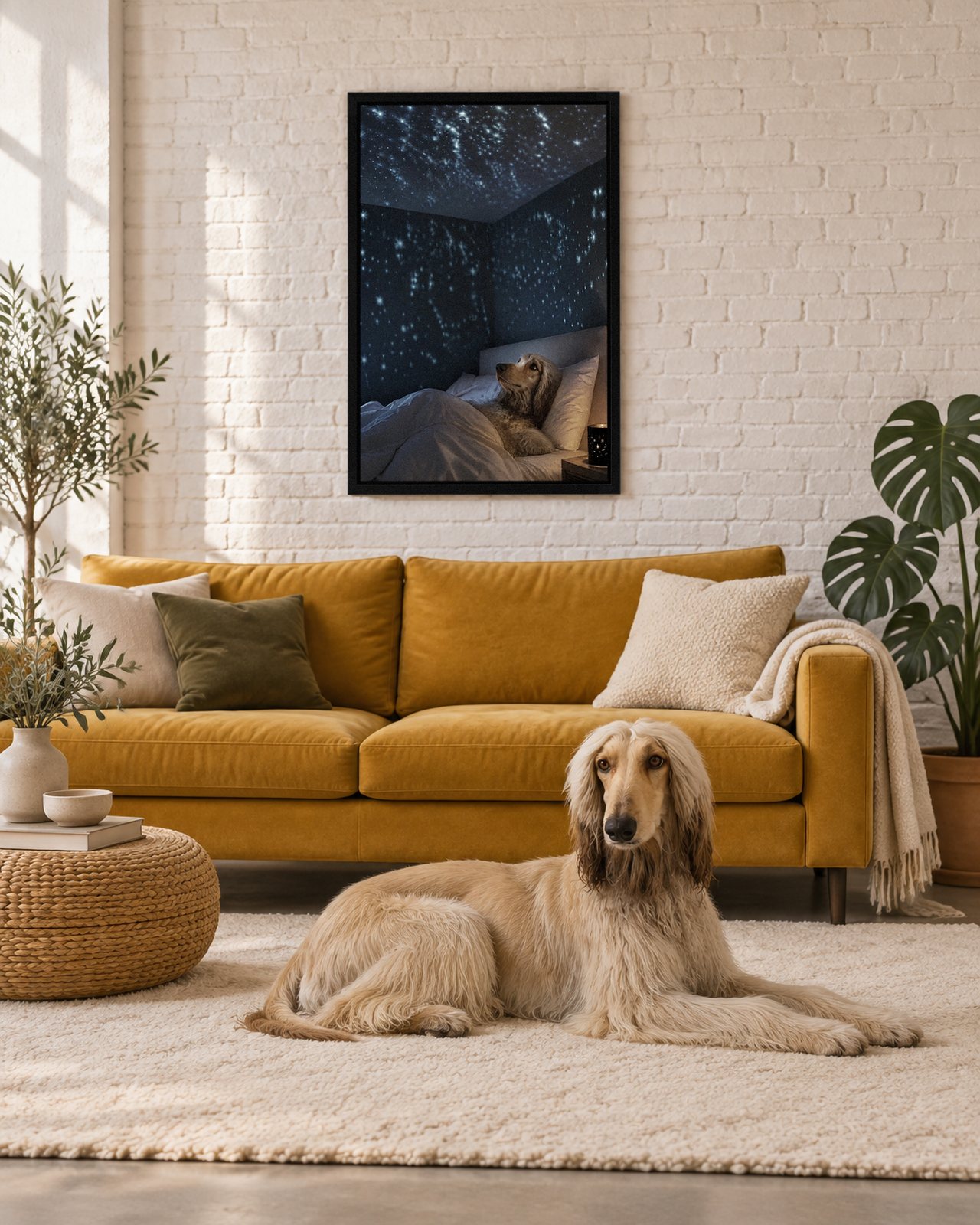 Starry Night portrait on canvas in a black floating frame in a loft with a cream rug, with the dog beside it