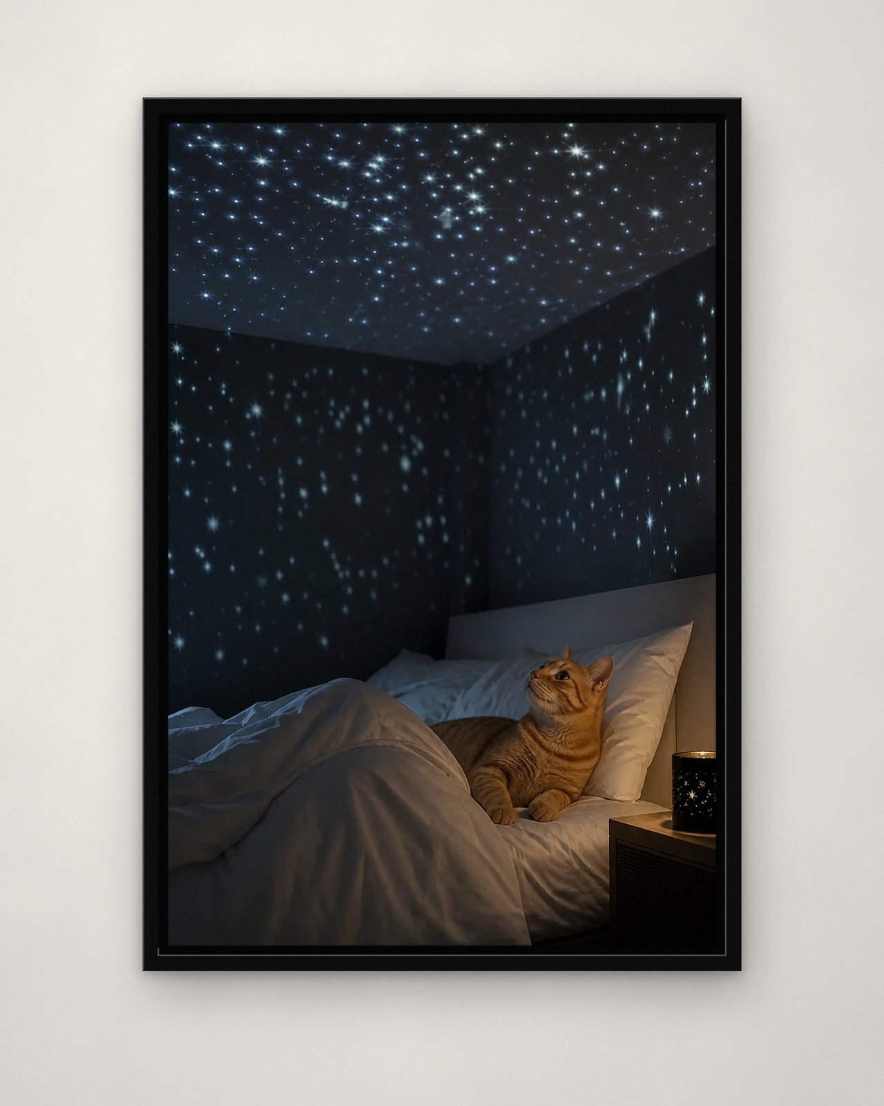 Starry Night portrait on canvas in a black floating frame on a plain wall