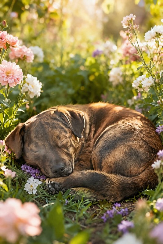 The Garden Nap look made with a brindle mixed-breed dog