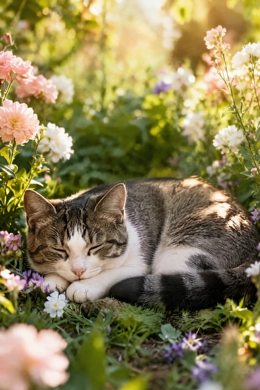 The Garden Nap look made with a tabby-and-white cat