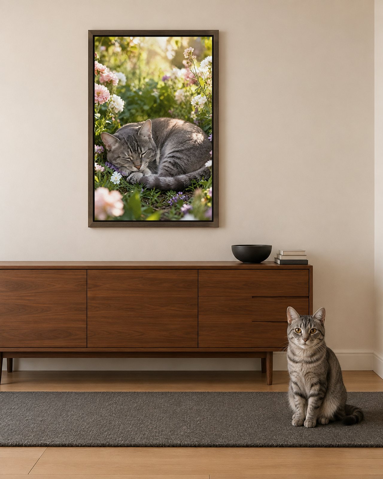 Garden Nap portrait on canvas in a brown floating frame in a white hallway with a walnut sideboard, with the cat beside it