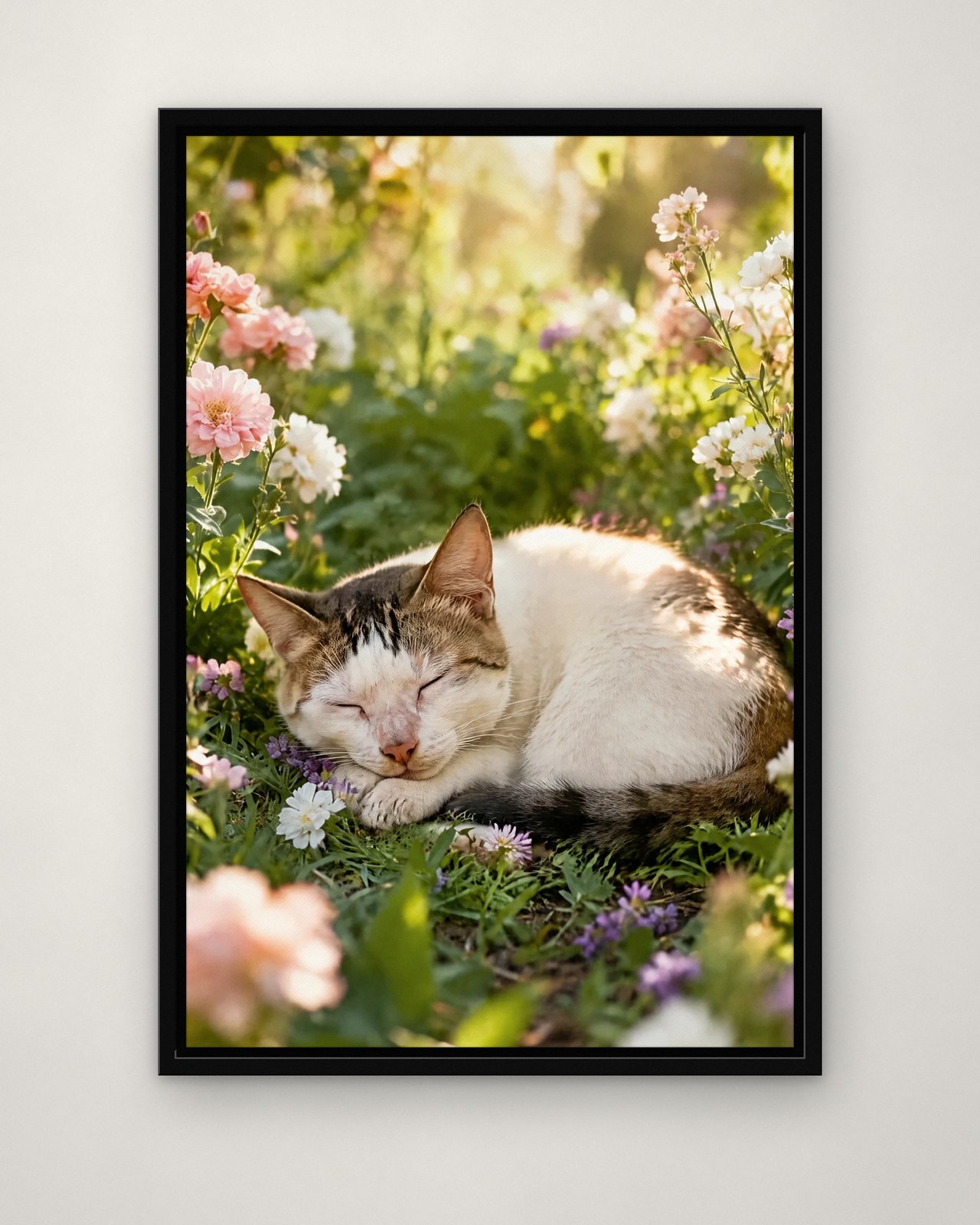 Garden Nap portrait on canvas in a black floating frame on a plain wall