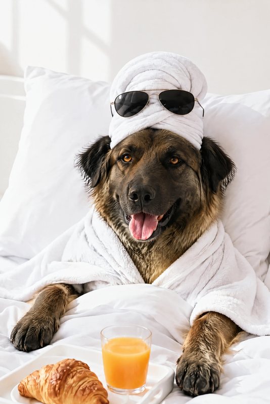 The Sunday Lie-In look made with a big fluffy sable dog