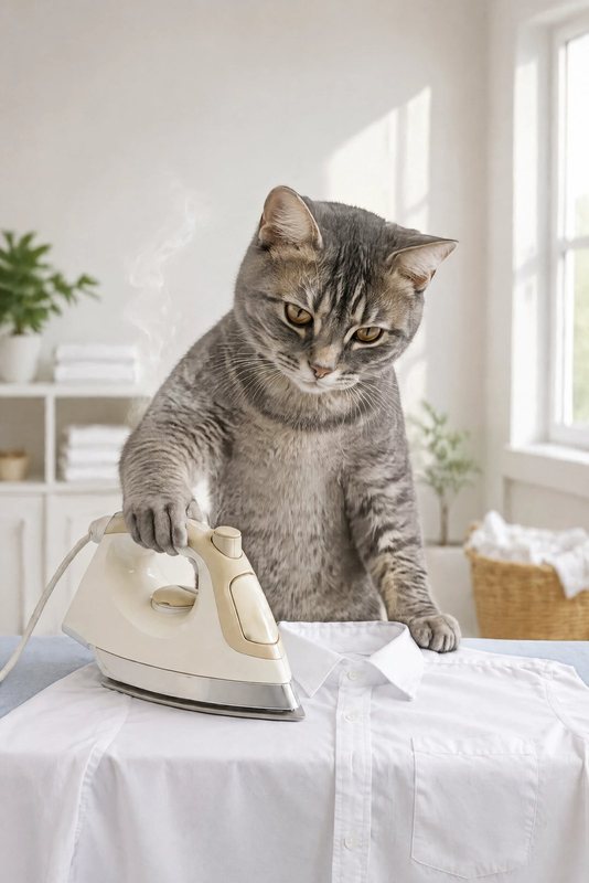 The Ironing Day look made with a grey tabby cat