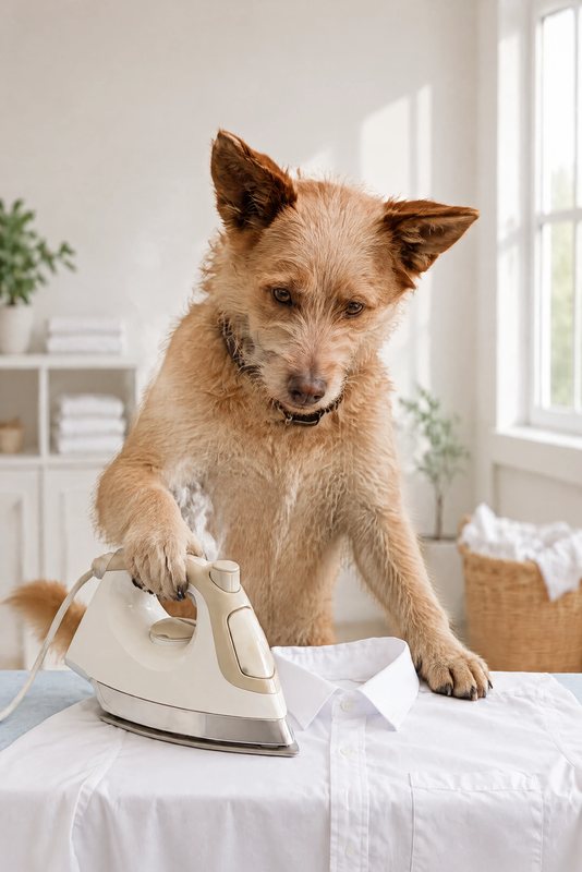 The Ironing Day look made with a scruffy ginger terrier