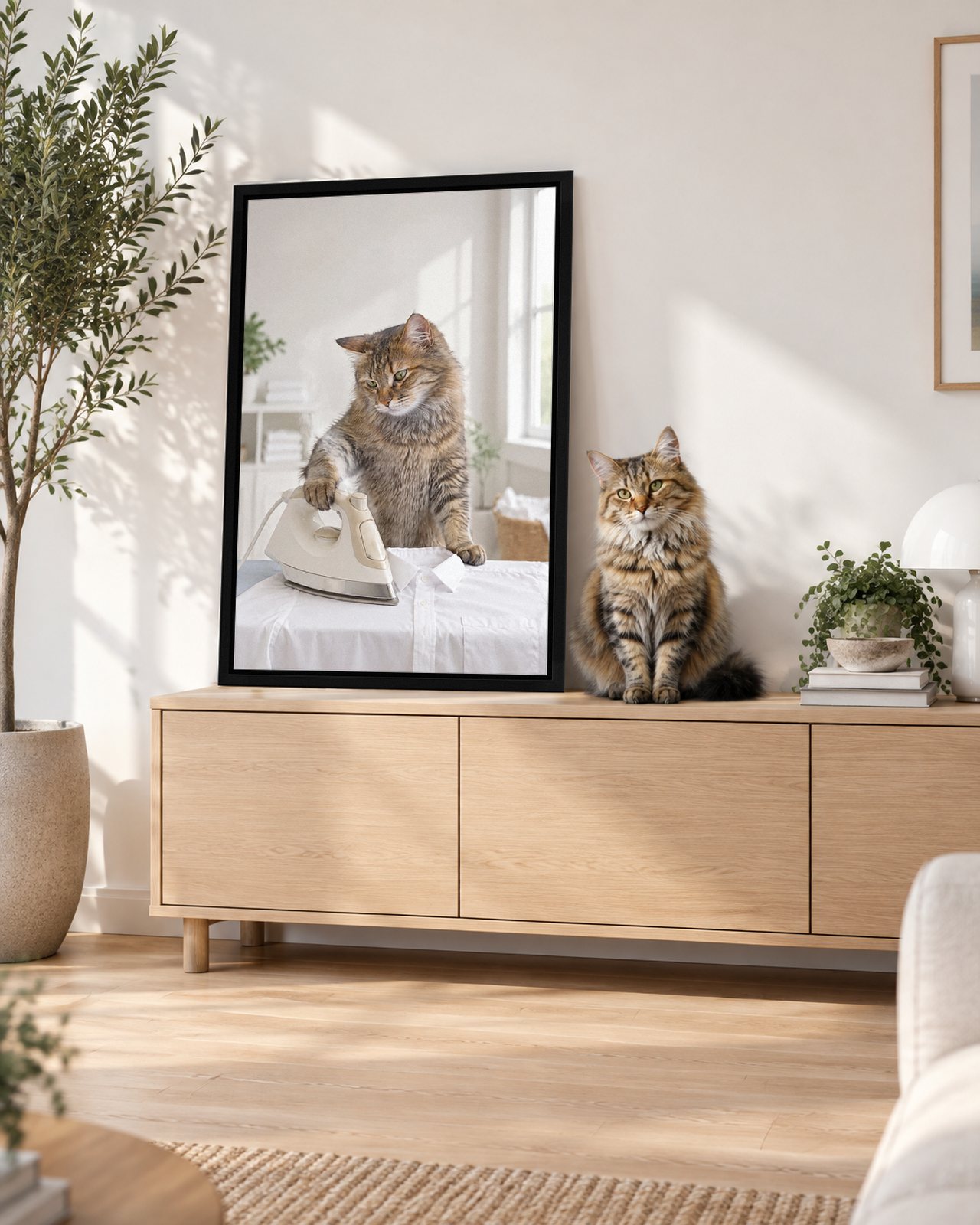 Ironing Day portrait on canvas in a black floating frame in a bright modern living room, with the cat beside it