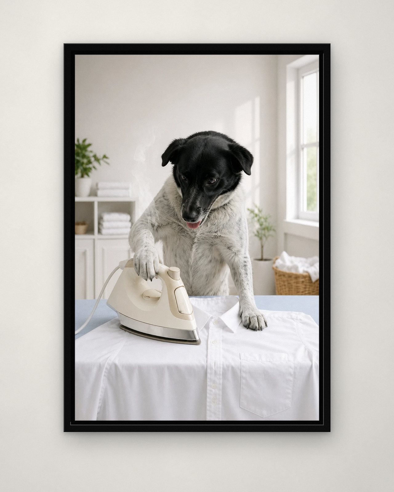 Ironing Day portrait on canvas in a black floating frame on a plain wall
