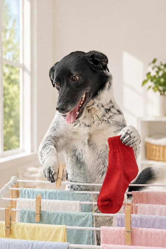 The Sock Hunt look made with a black-and-white speckled dog
