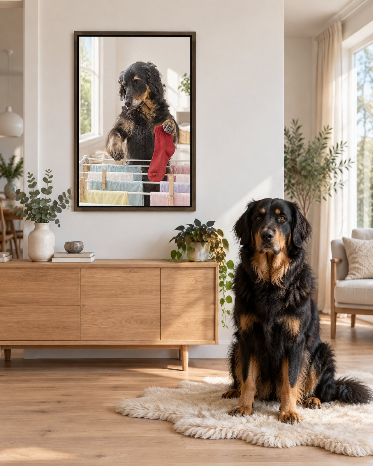 Sock Hunt portrait on canvas in a brown floating frame in a Scandinavian living room, with the dog beside it