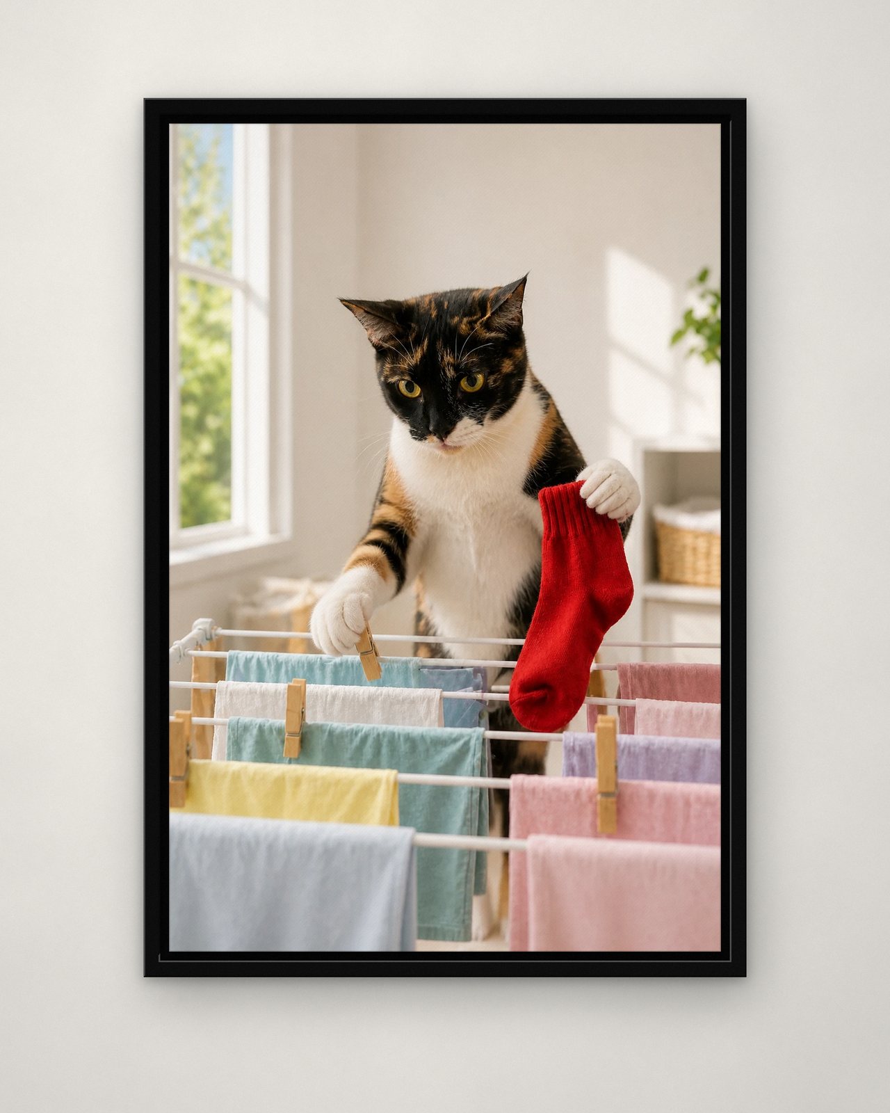 Sock Hunt portrait on canvas in a black floating frame on a plain wall