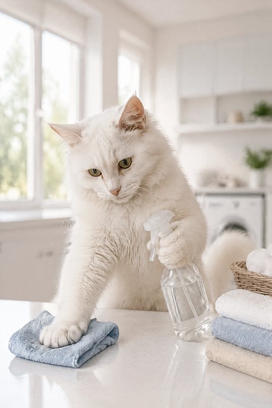 The Spring Clean look made with a fluffy white cat