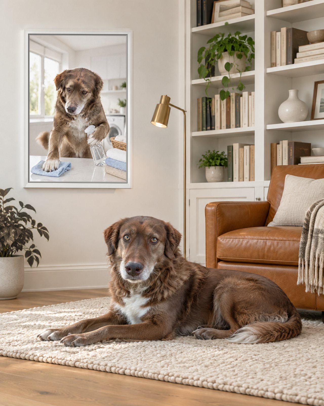 Spring Clean portrait on canvas in a white floating frame in a modern library corner, with the dog beside it