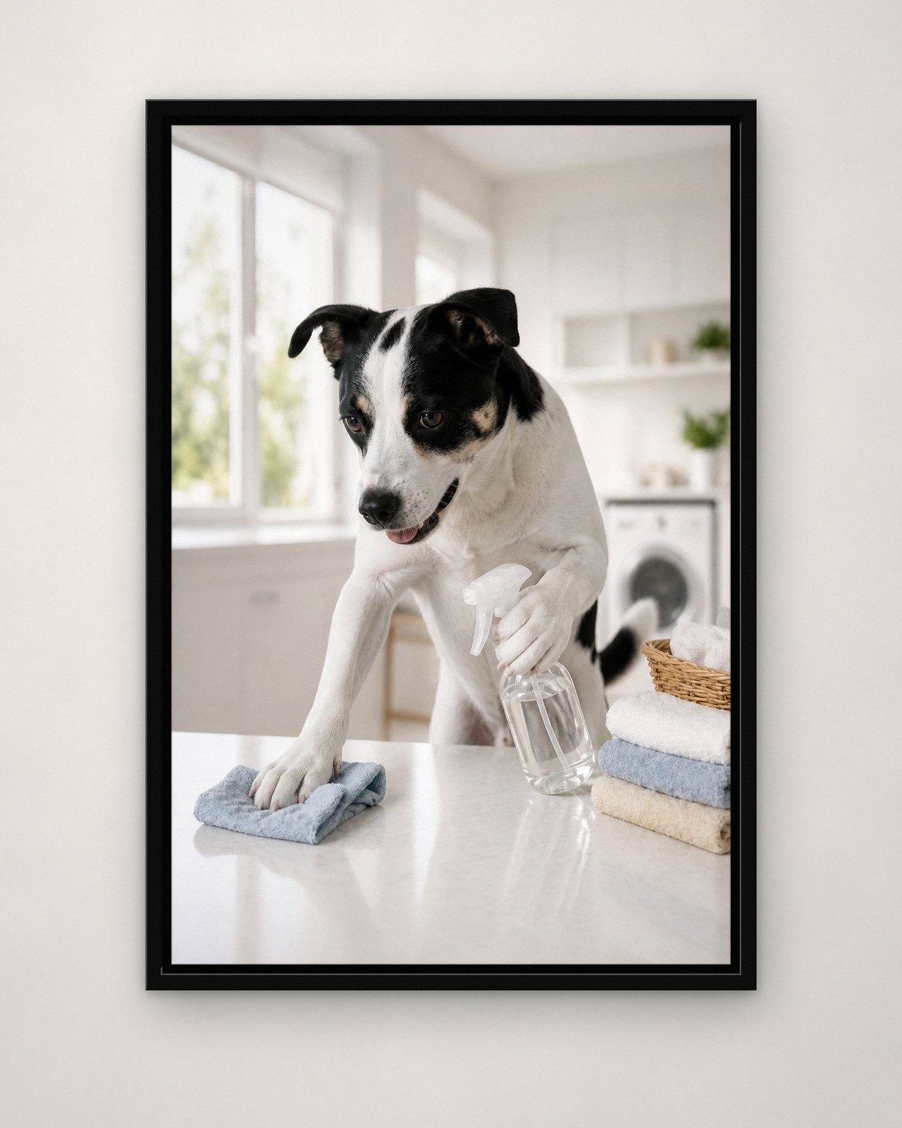 Spring Clean portrait on canvas in a black floating frame on a plain wall